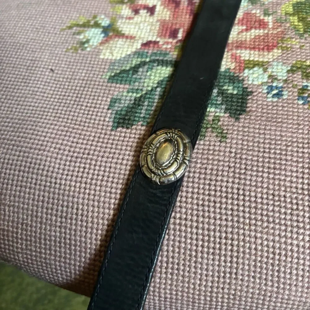 Vtg Concho Black Leather Belt Embossed Western Silver Buckle 32 Grunge Cowgirl